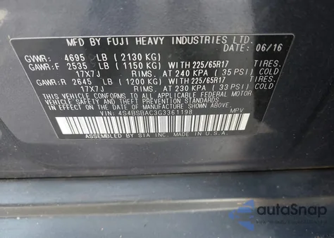2016 Subaru Outback 2.5I from USA, damaged, VIN 4S4BSBAC3G3361198
